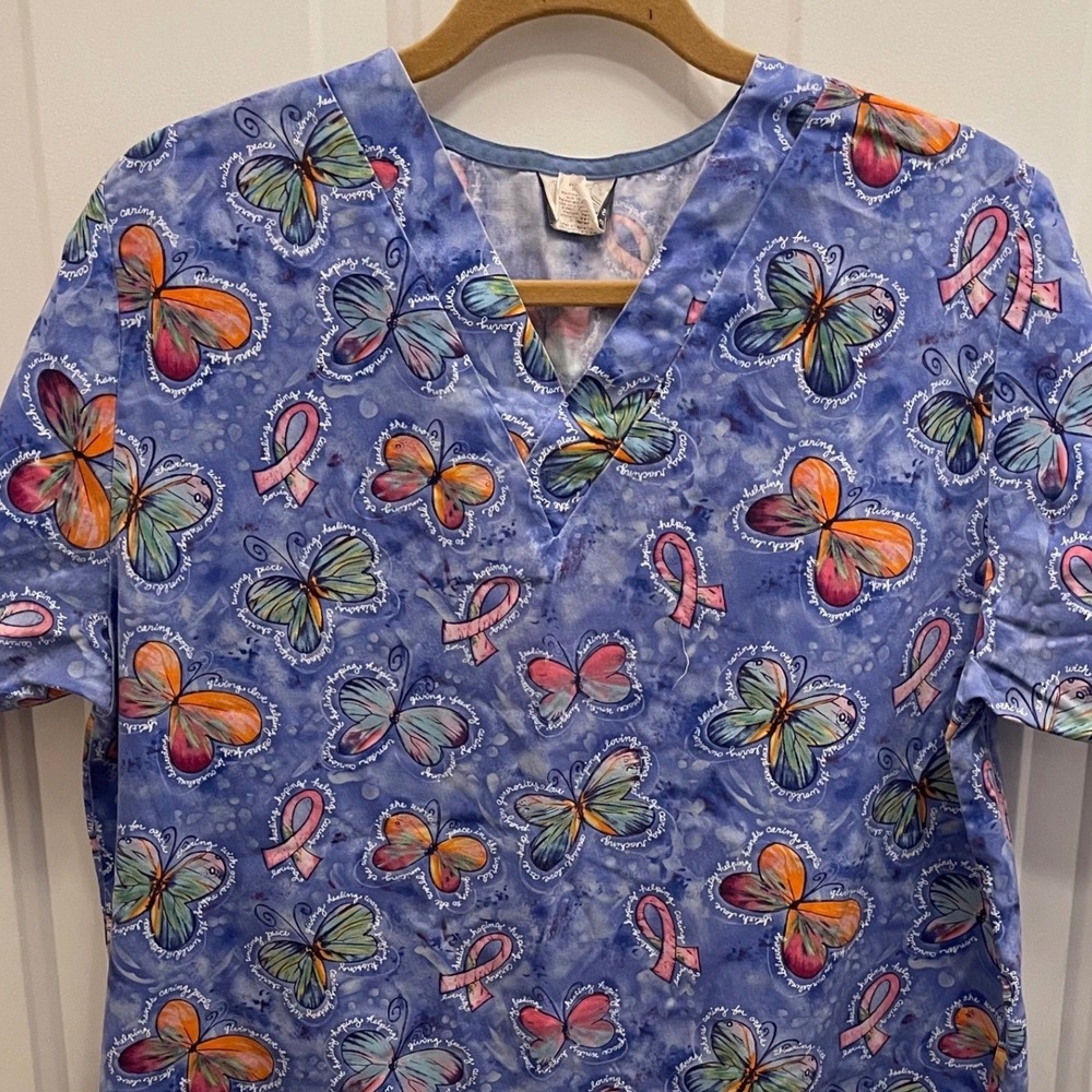 Fundamentals White Swan Breast Cancer Awareness Butterfly Scrub Top Blue‎ Medium